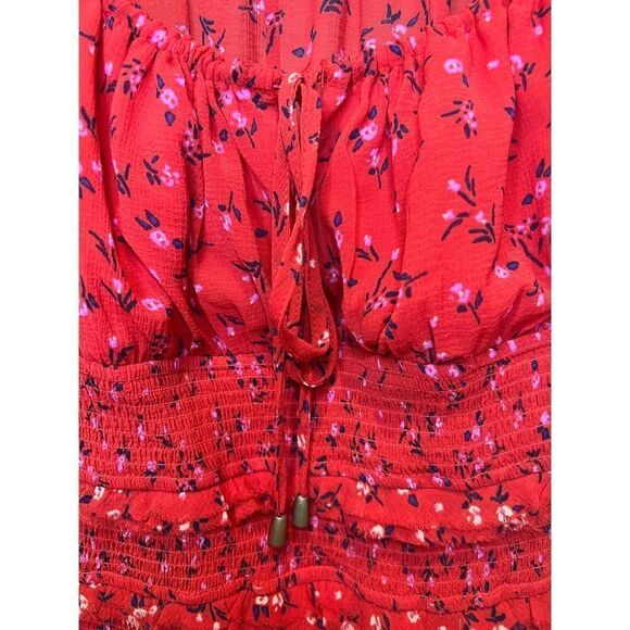Free People Lolita Top Red Women's Keyhole Floral Pouf Square Neck Blouse Sz M - Picture 9 of 13